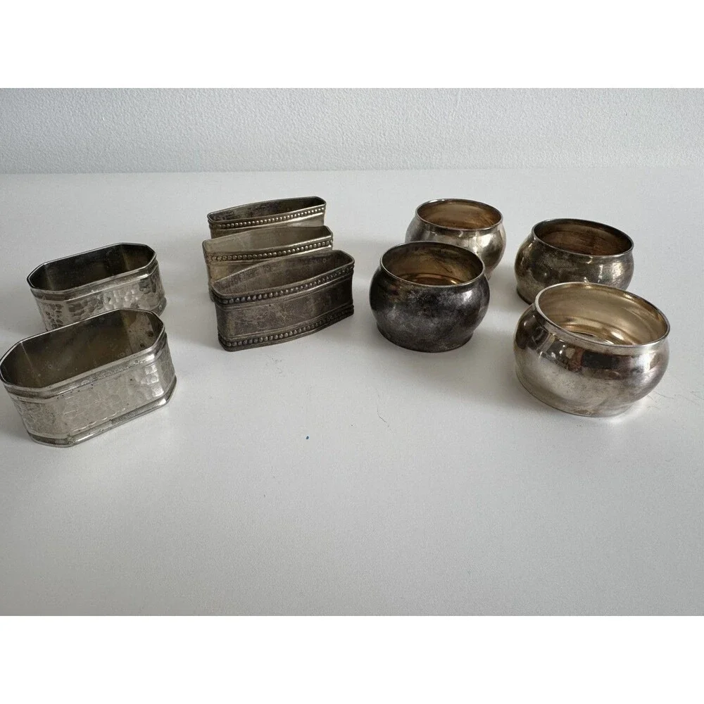 9 Vintage Polished Silver Stainless Steel Plate Napkin Rings Holders